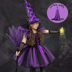 Girls Deluxe Witch Trio Tutu Costume Dress with Hat and Broom